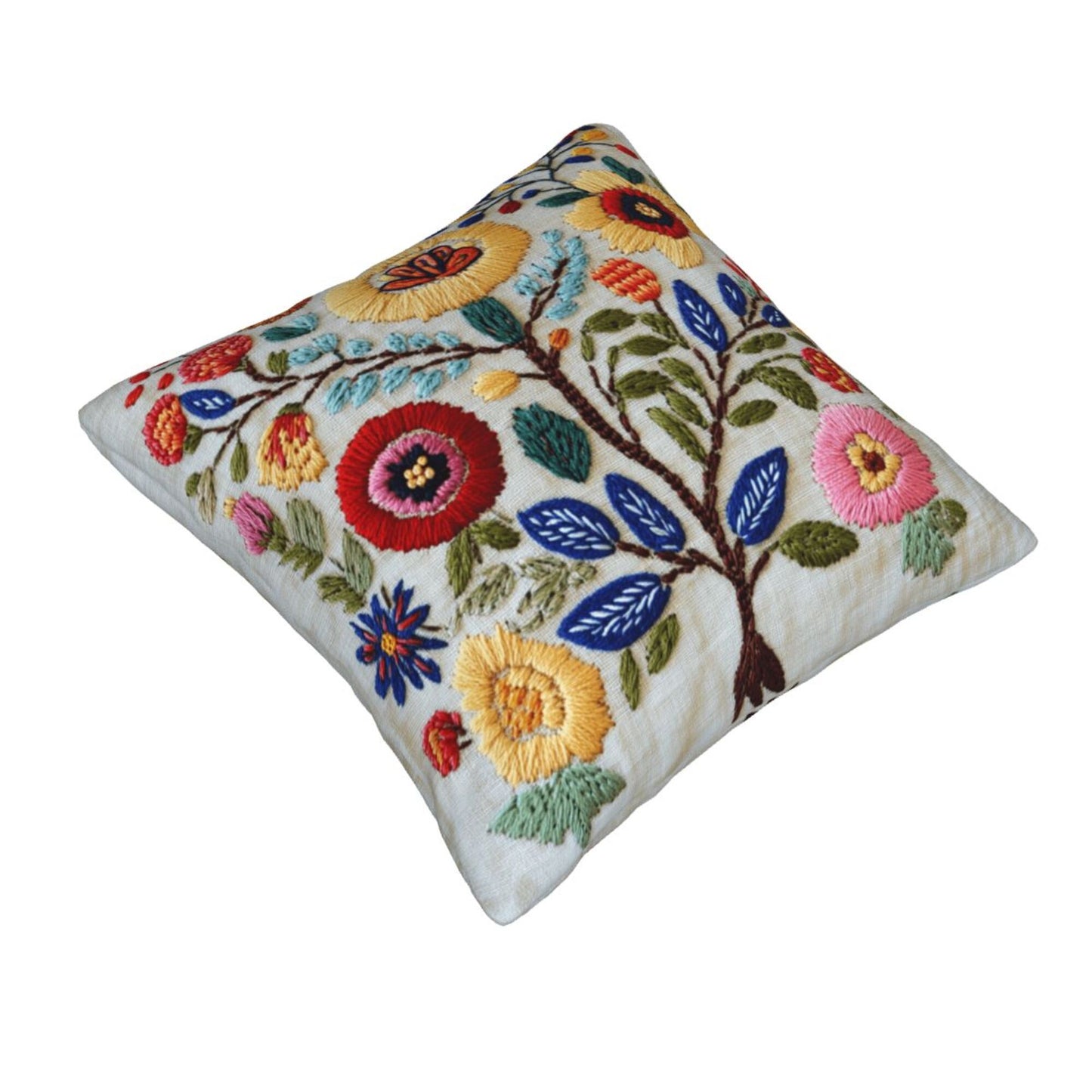 Beige Floral Embroidered Pillow Cover