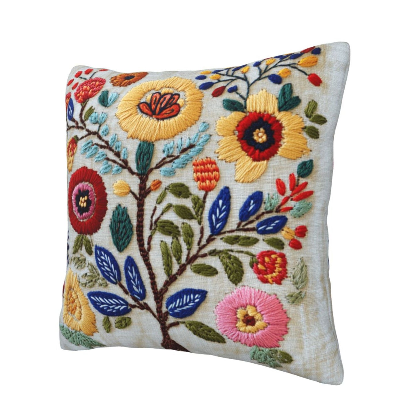 Beige Floral Embroidered Pillow Cover