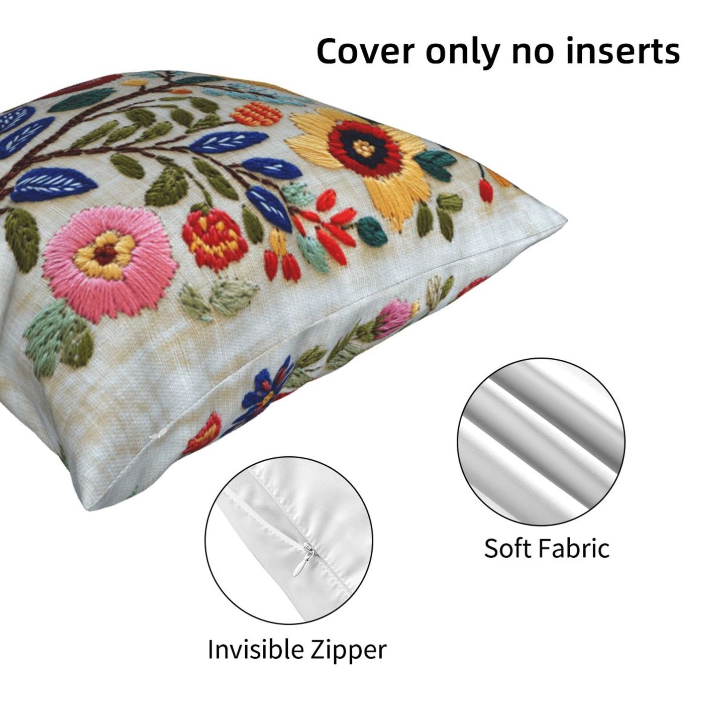 Beige Floral Embroidered Pillow Cover
