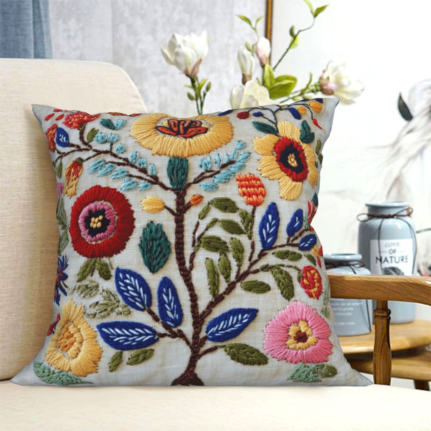 Beige Floral Embroidered Pillow Cover