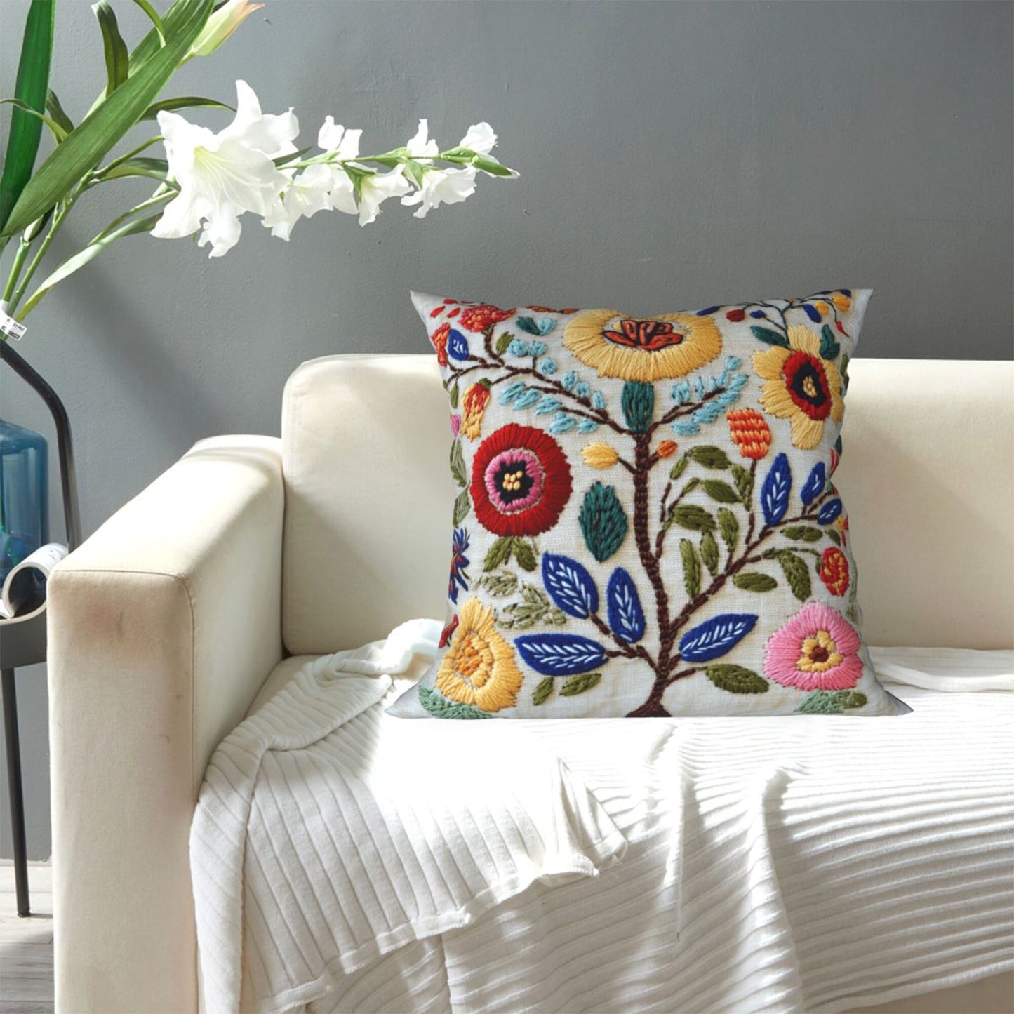 Beige Floral Embroidered Pillow Cover