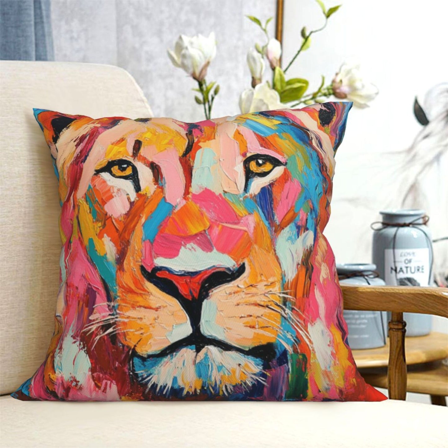 Roar with Color – Abstract Lion Art Pillow Cover (18×18 inch)