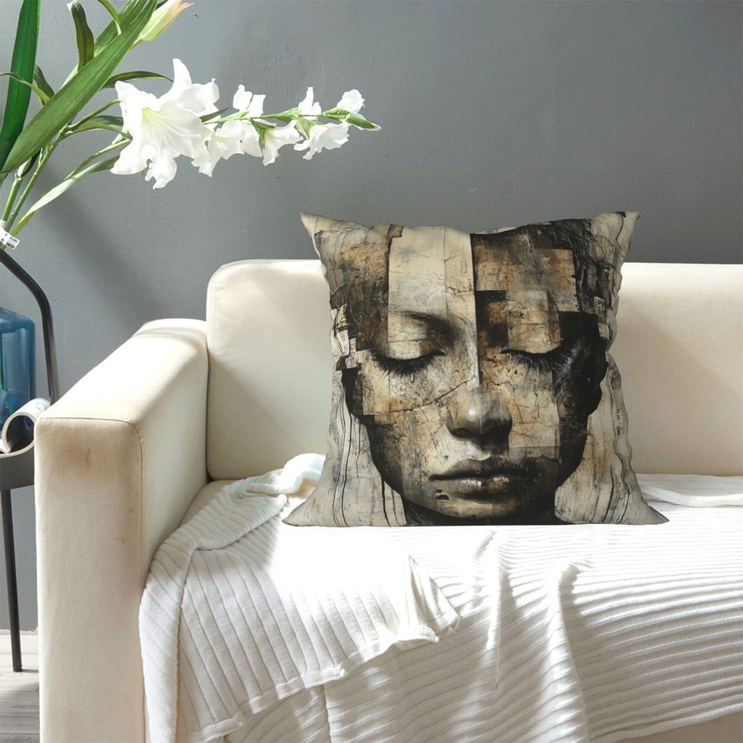 Silent Geometry – Modern Abstract Portrait Art Pillow Cover (18×18 inch)