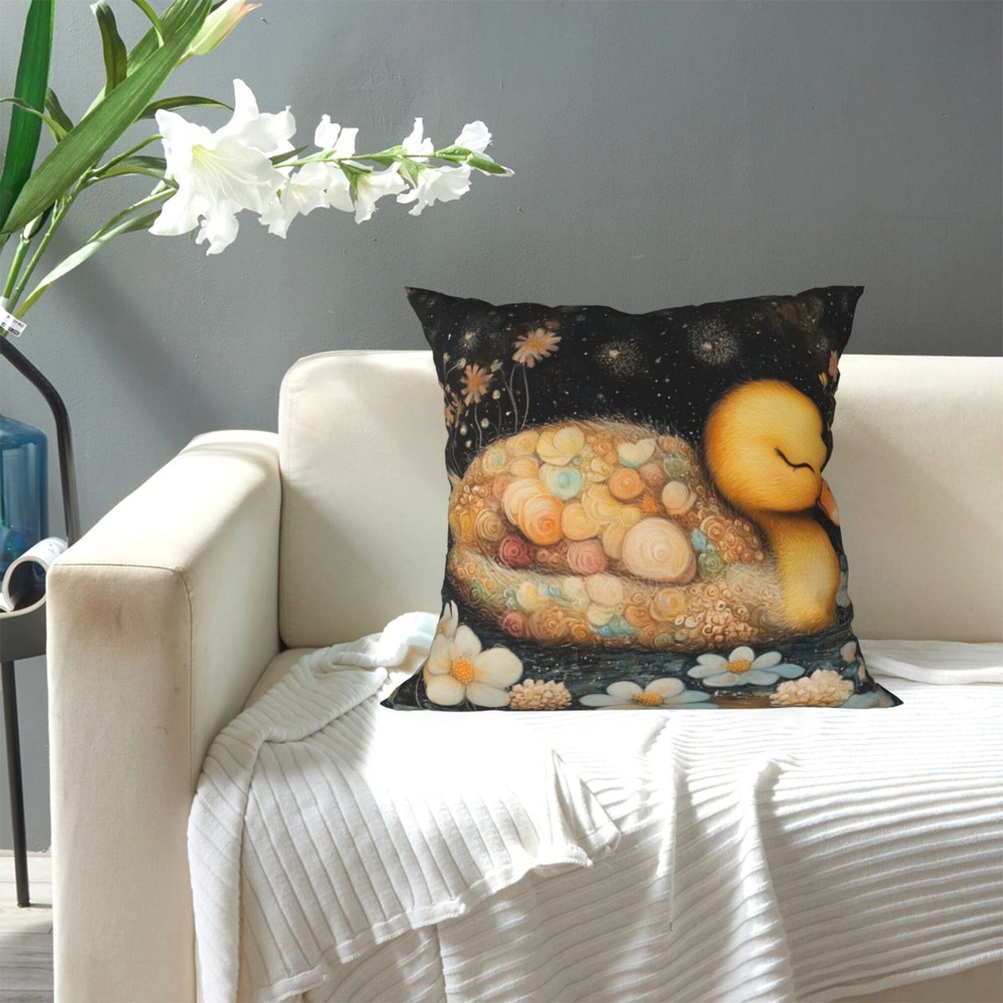 Fairy Dreams – Sleeping Duckling Illustrated Pillow Cover (18×18 inch)
