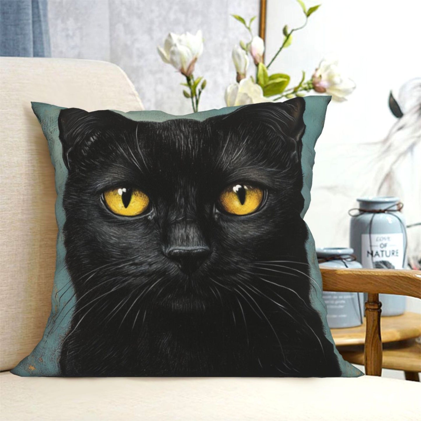 Obsidian Eyes – Black Cat Illustrated Pillow Cover (18×18 inch)
