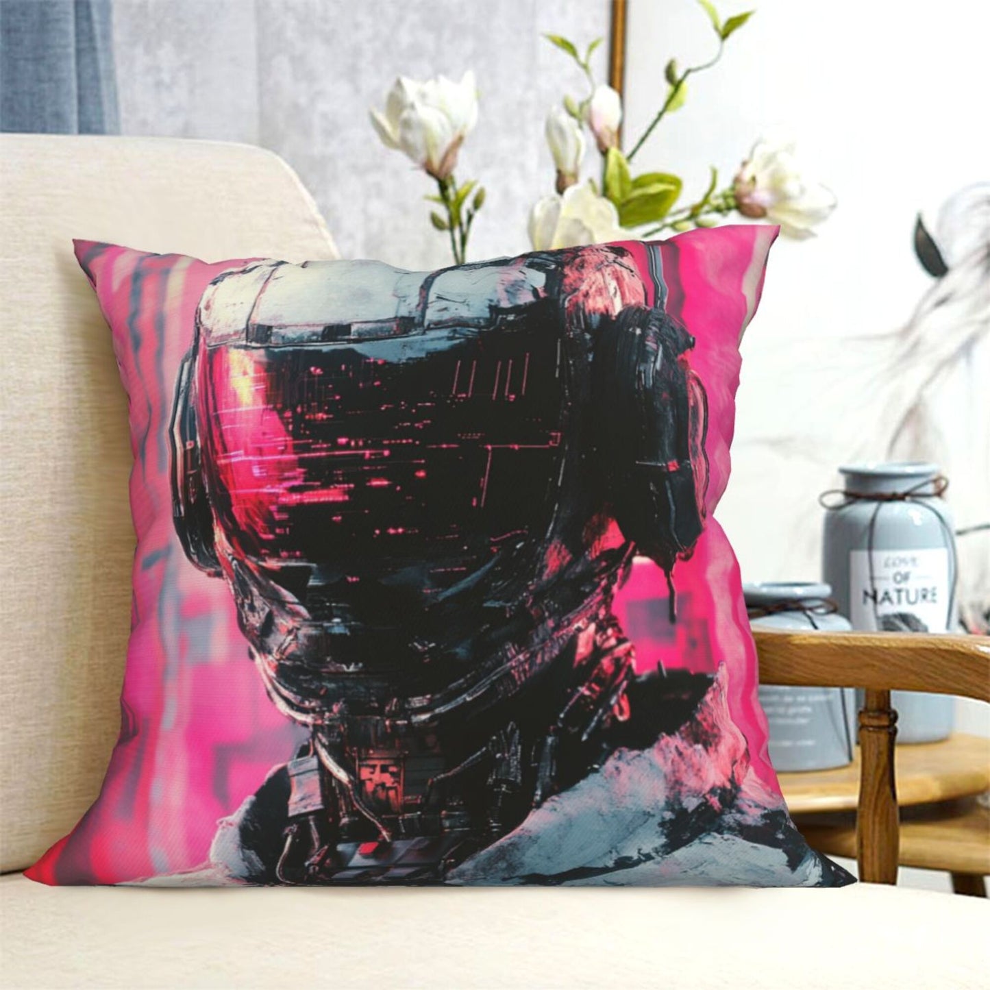 Obsidian Eyes – Black Cat Illustrated Pillow Cover (18×18 inch)