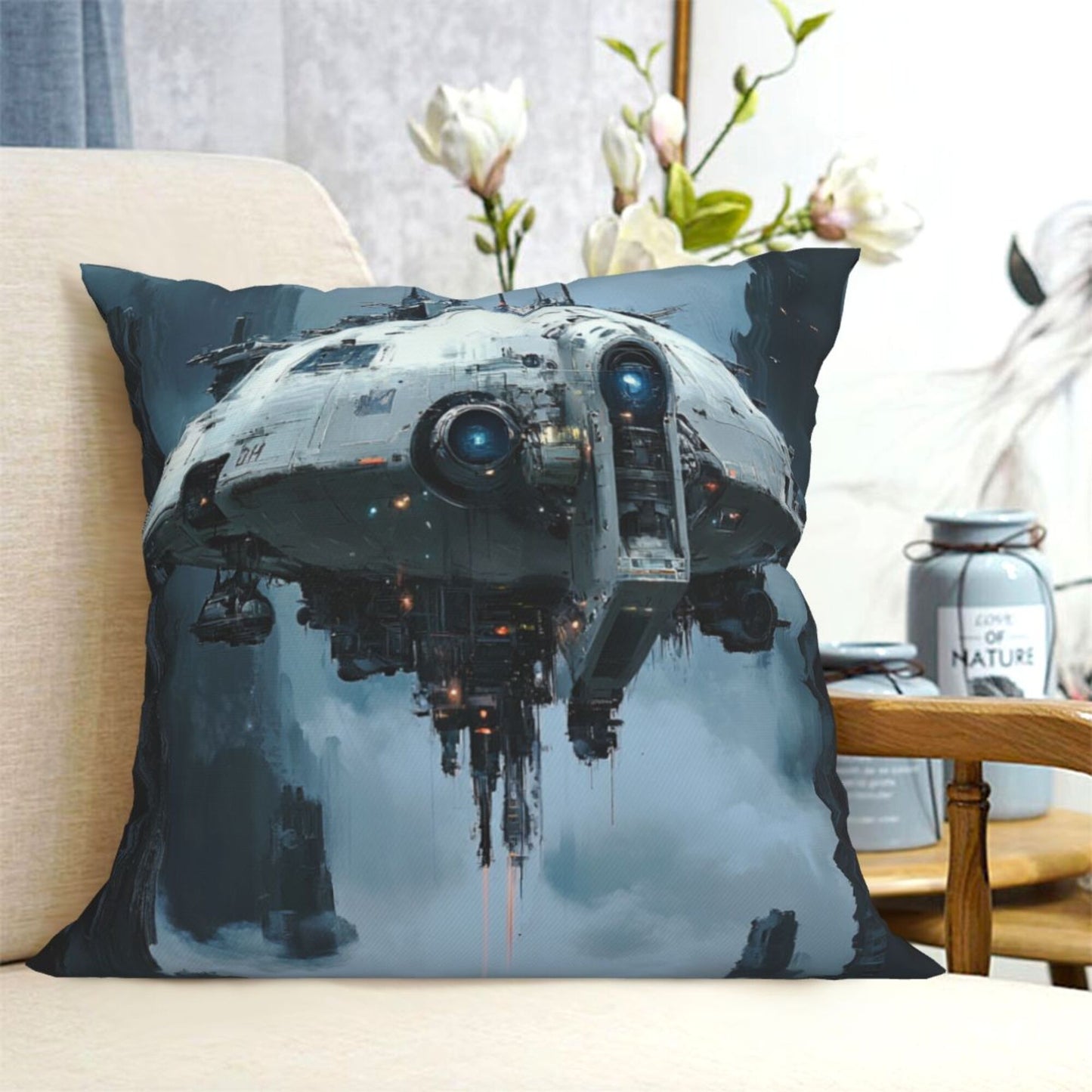 Interstellar Voyager – Futuristic Spaceship Pillow Cover (18×18 inch)