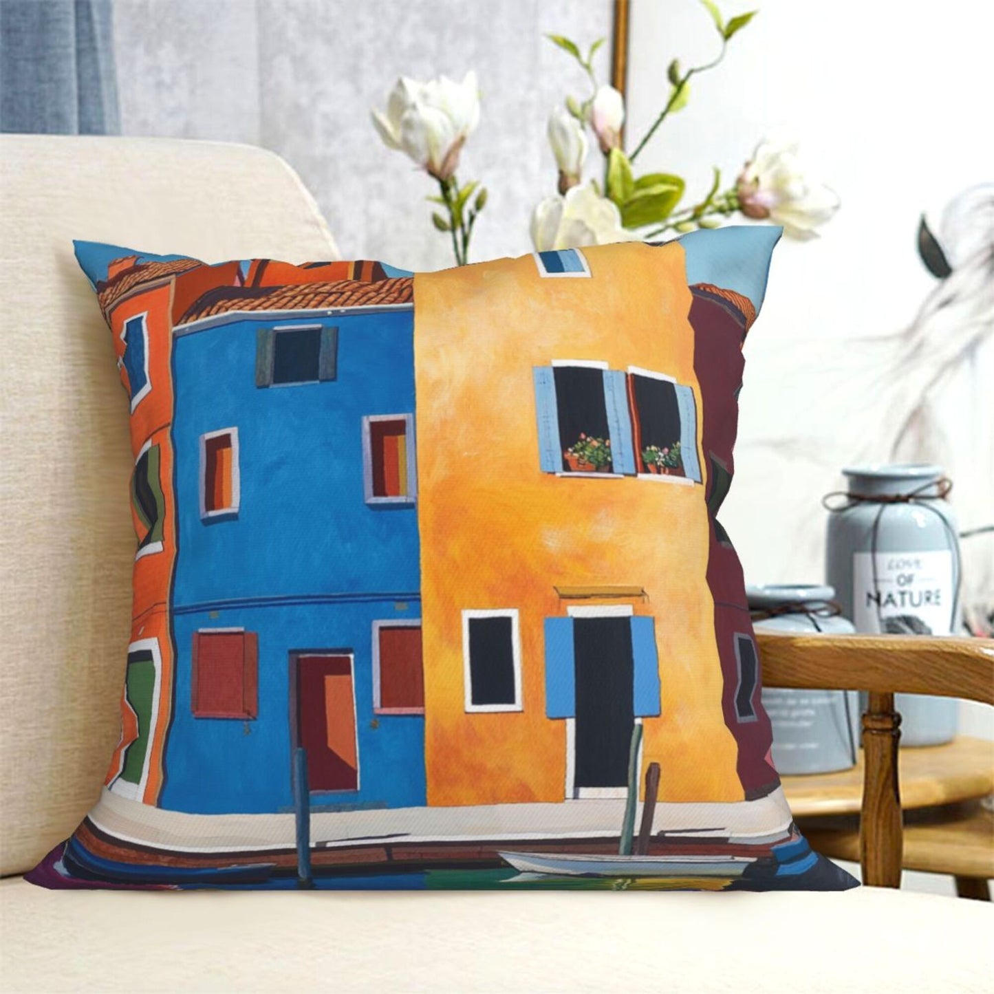 Burano Charm – Italian Colorful Building Art Pillow Cover (18×18 inch)