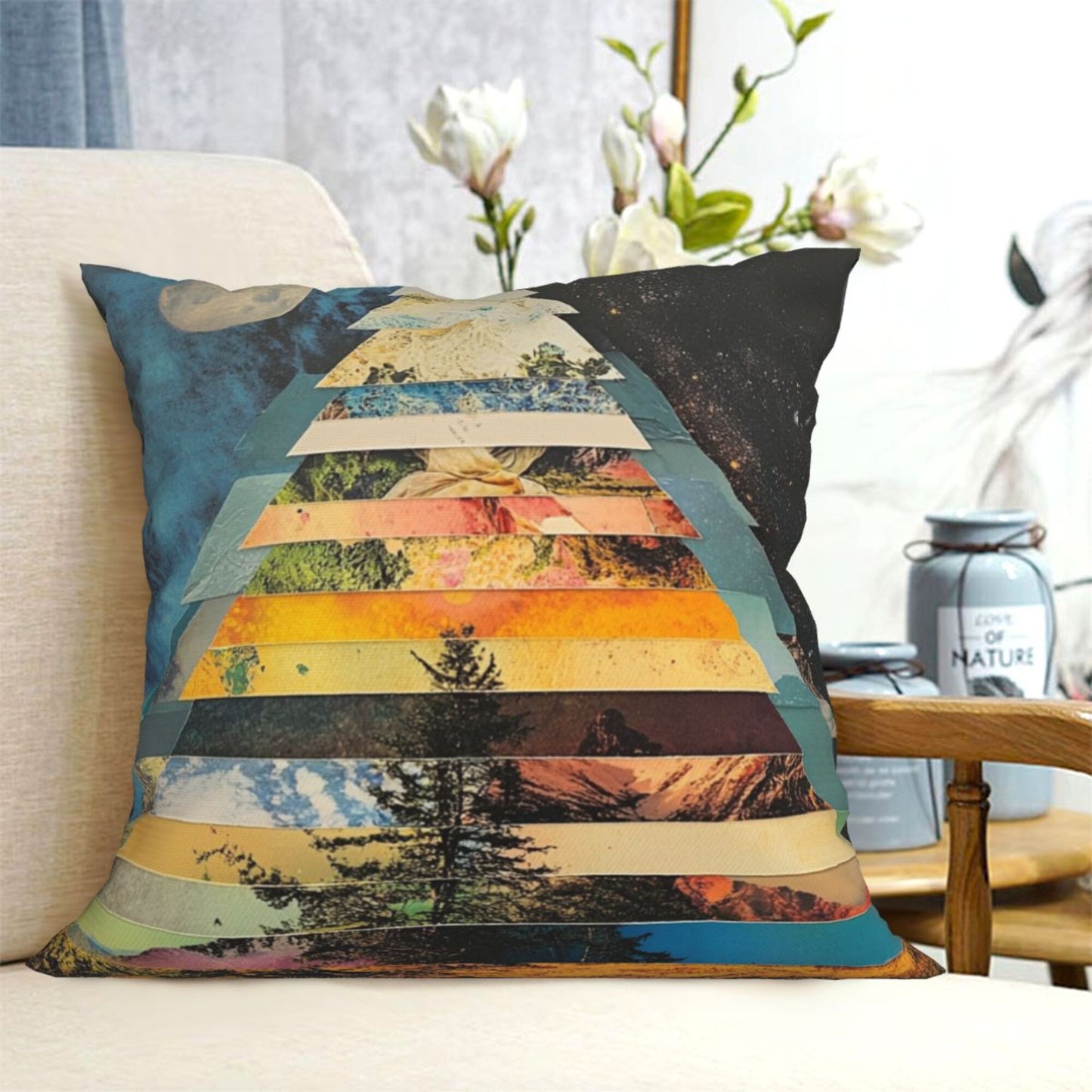 Cosmic Nature Geometry – Collage-Style Artistic Throw Pillow Cover (18×18 inch)