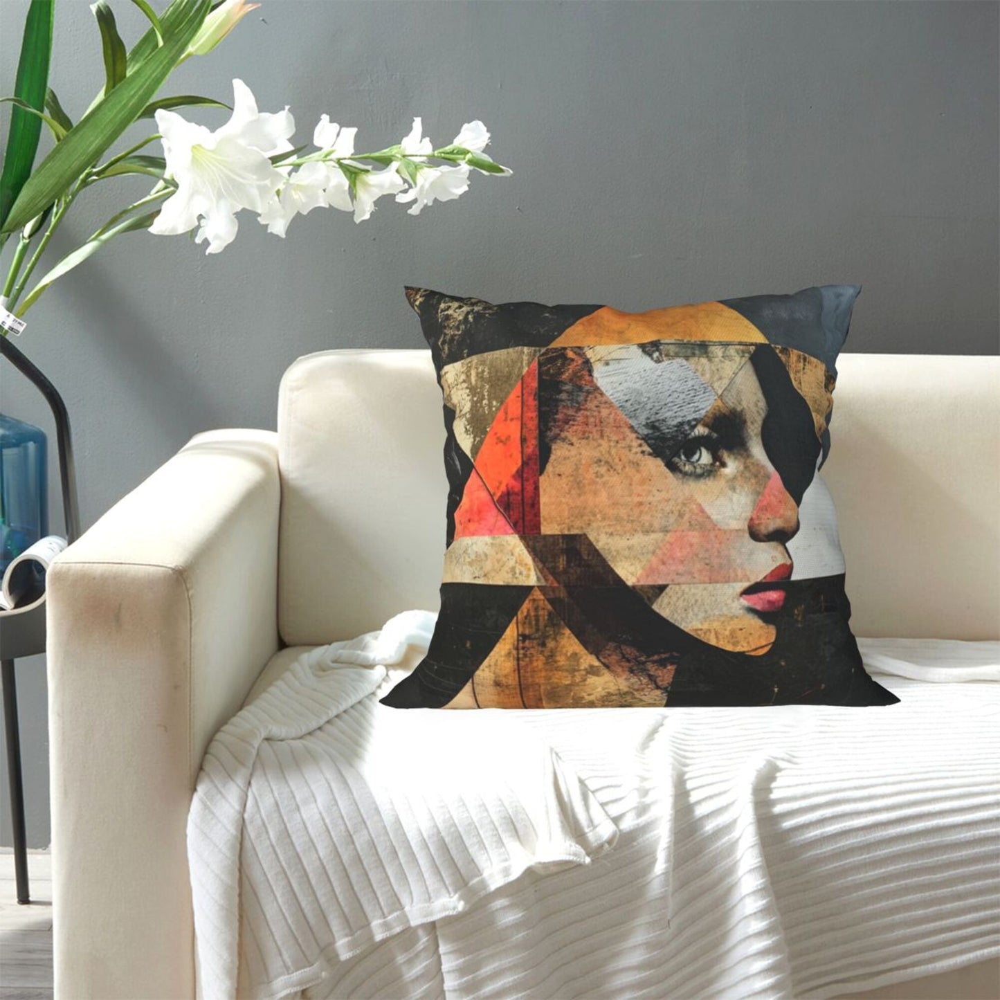 Geometric Collage Portrait Throw Pillow Cover (18×18 Inch)