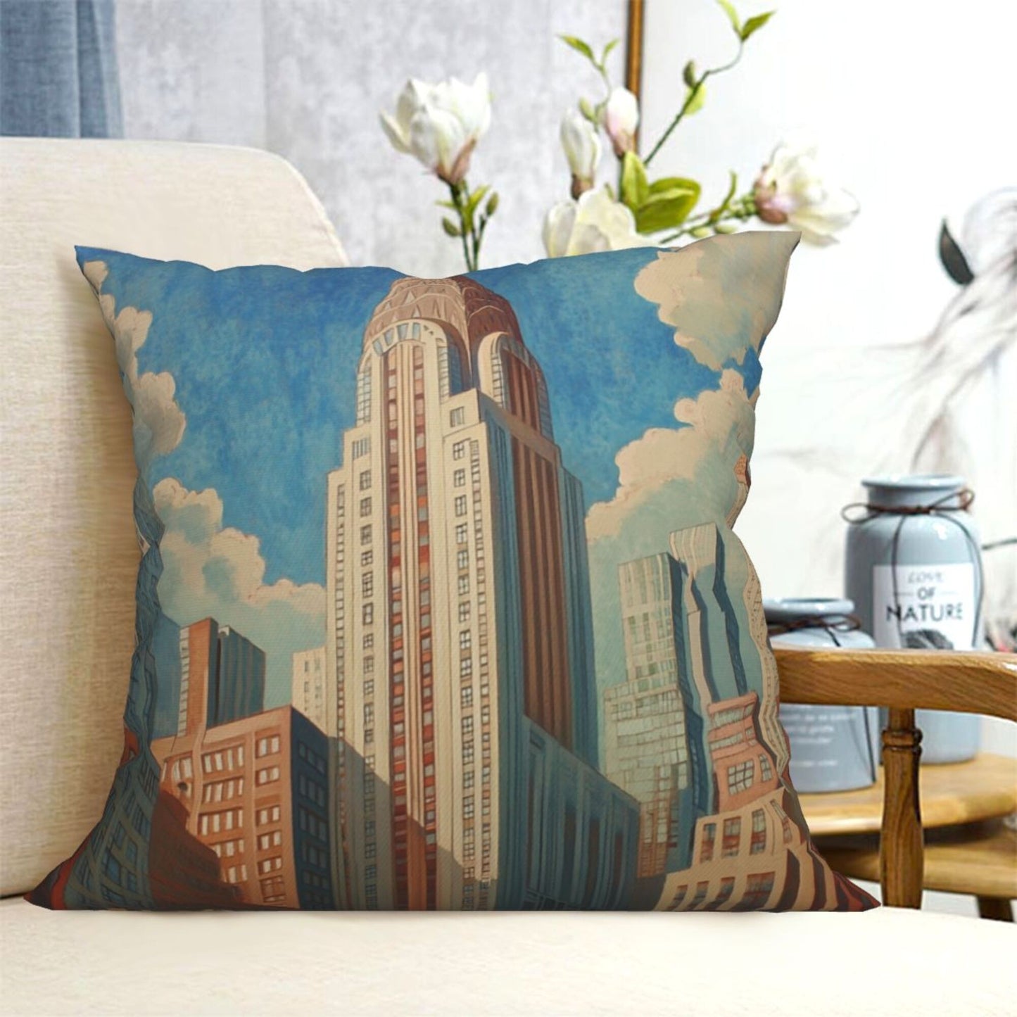 Retro City Skyline Illustration Pillow Cover (18×18 Inch)