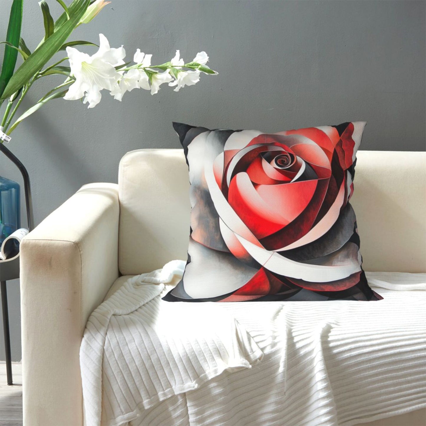 Artistic Rose Throw Pillow Cover, Red & Black Gradient Decorative Cushion Case, 18×18 inch Square Sofa Pillowcase (No Insert)
