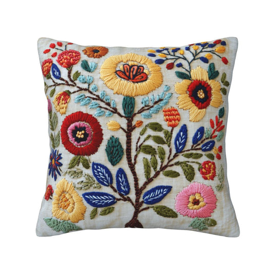 Beige Floral Embroidered Pillow Cover