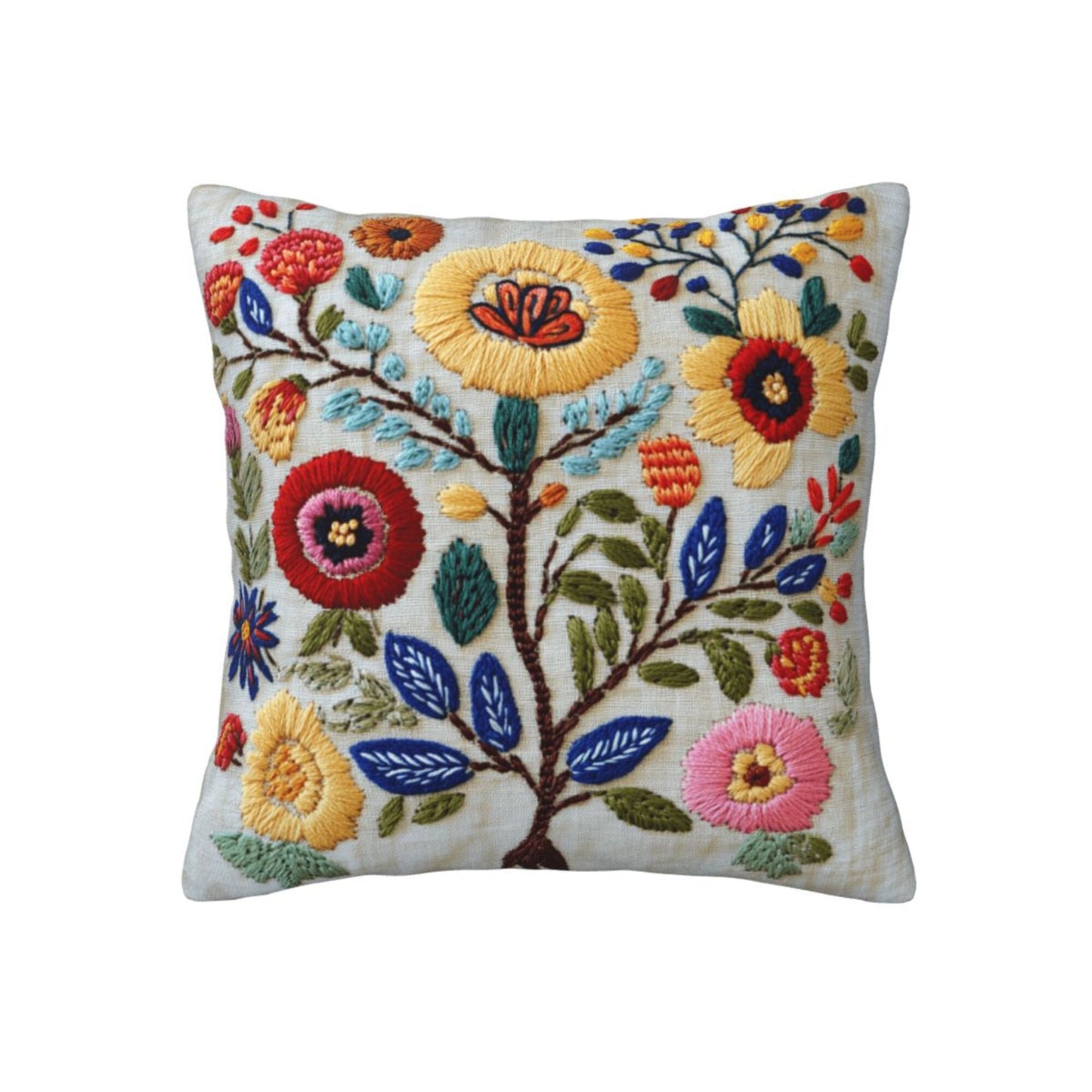 Beige Floral Embroidered Pillow Cover