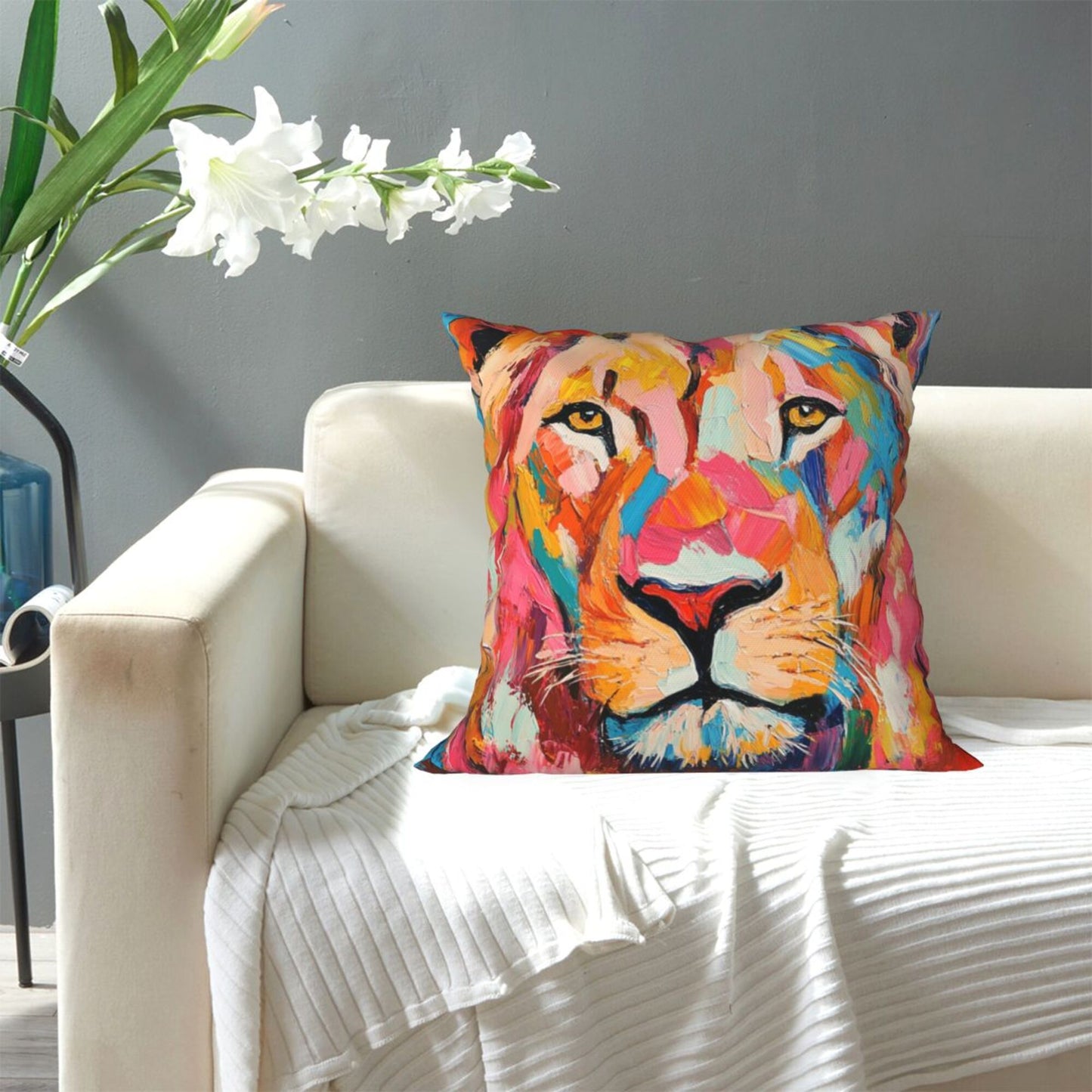 Roar with Color – Abstract Lion Art Pillow Cover (18×18 inch)
