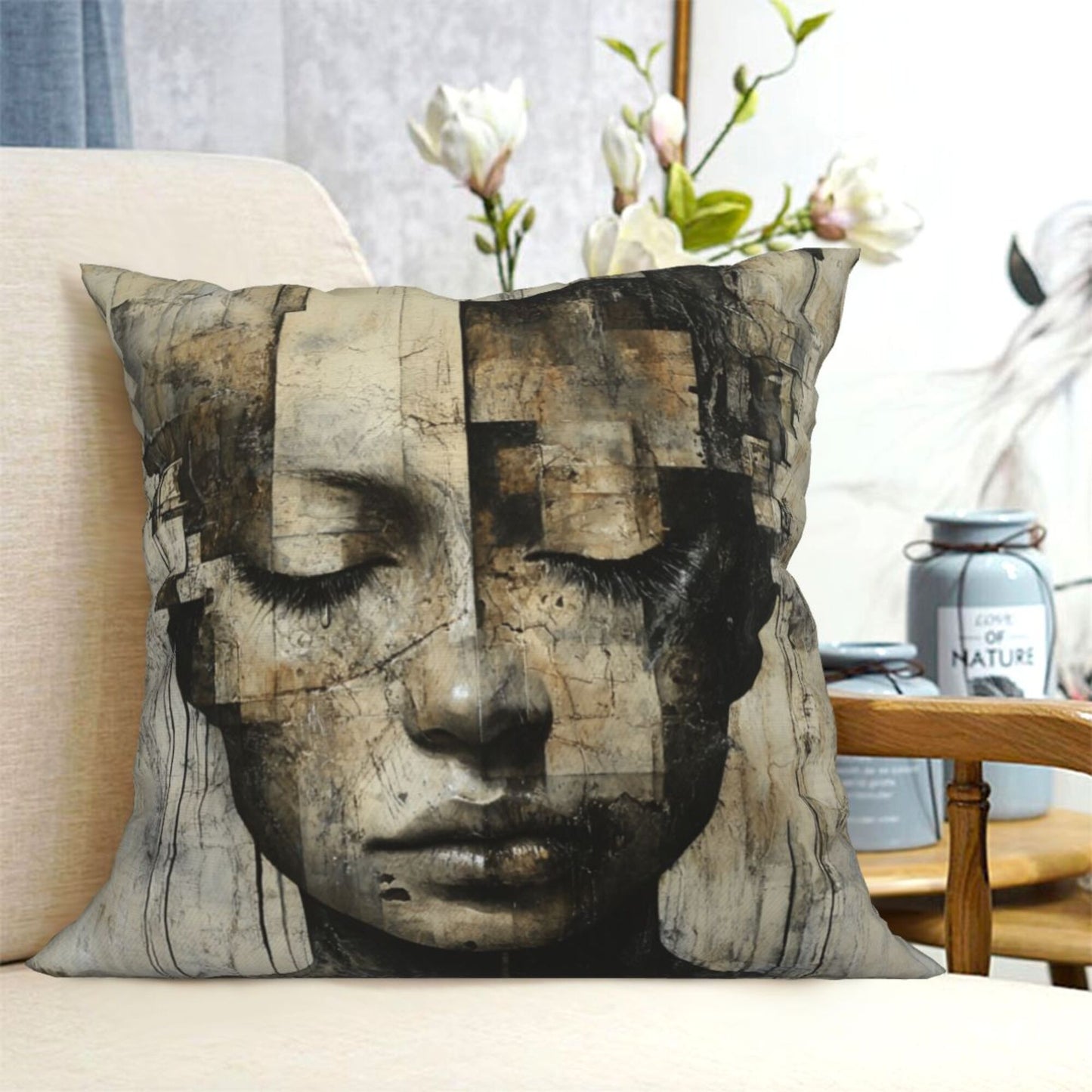Silent Geometry – Modern Abstract Portrait Art Pillow Cover (18×18 inch)