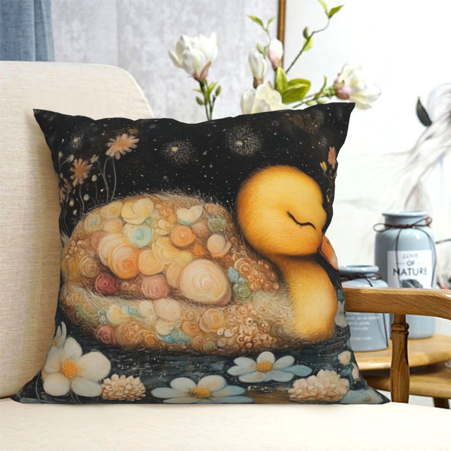 Fairy Dreams – Sleeping Duckling Illustrated Pillow Cover (18×18 inch)