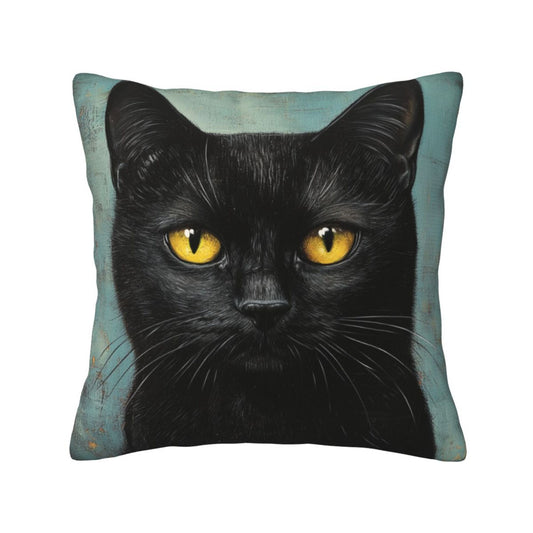 Obsidian Eyes – Black Cat Illustrated Pillow Cover (18×18 inch)