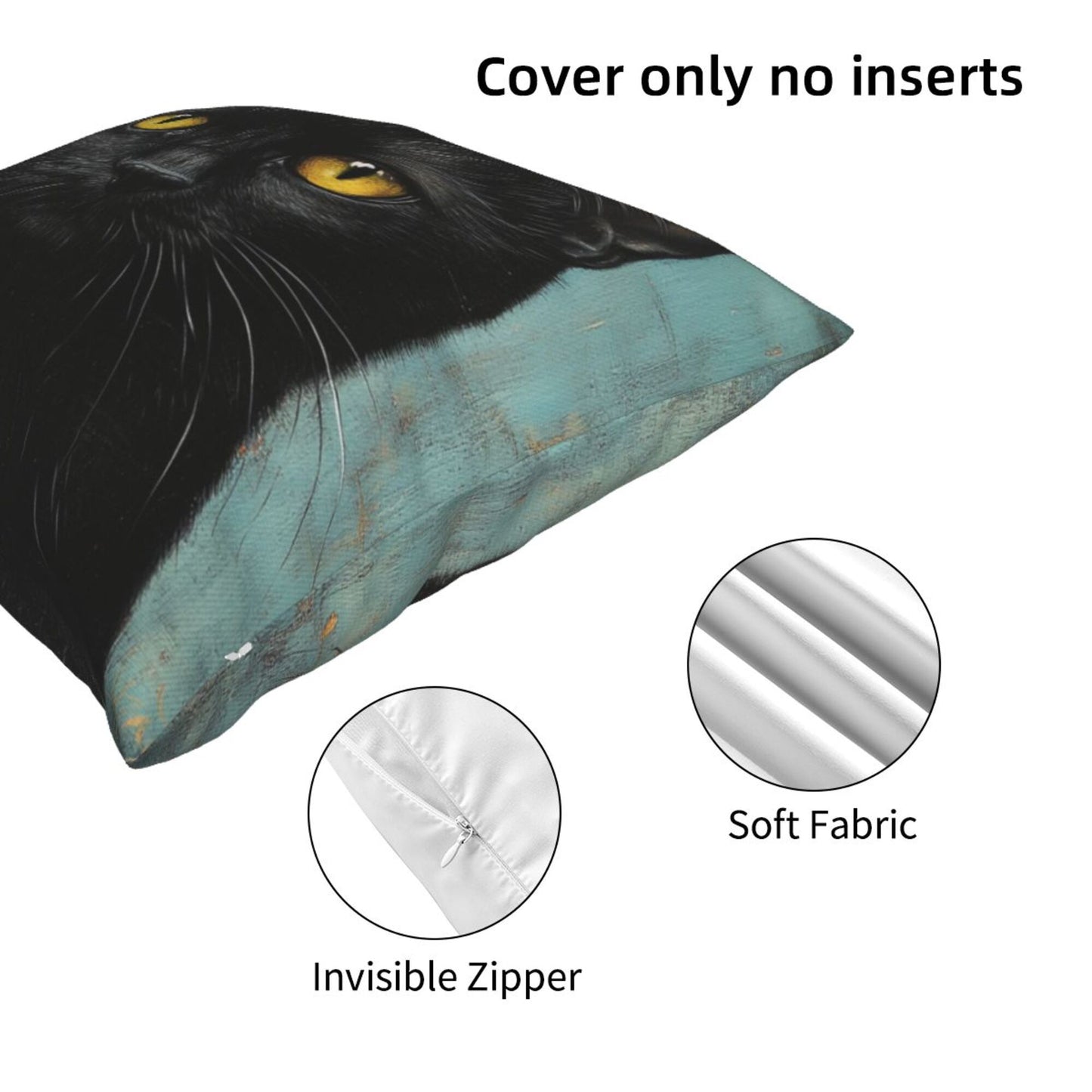Obsidian Eyes – Black Cat Illustrated Pillow Cover (18×18 inch)