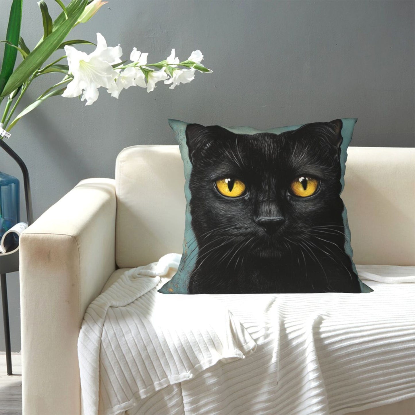Obsidian Eyes – Black Cat Illustrated Pillow Cover (18×18 inch)