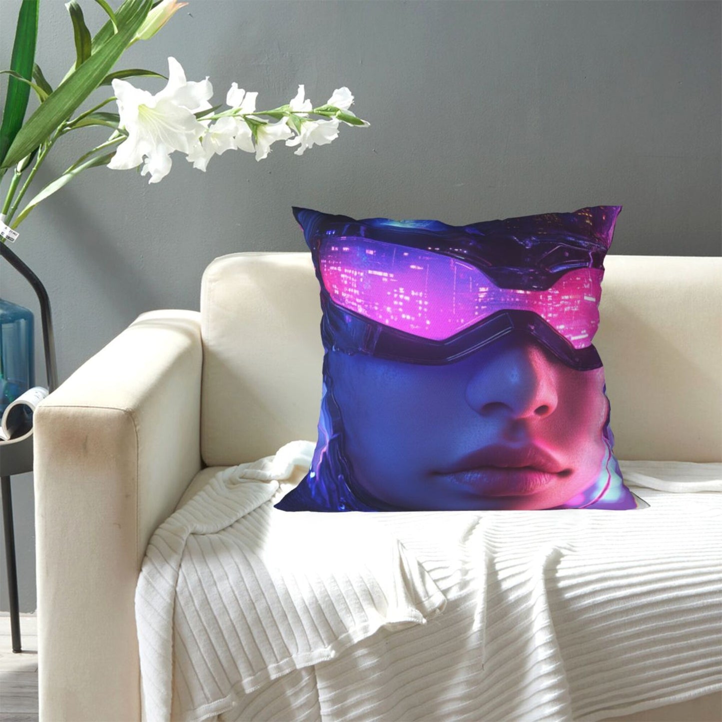 Cyber Phantom – Futuristic Warrior Pillow Cover (18×18 inch)