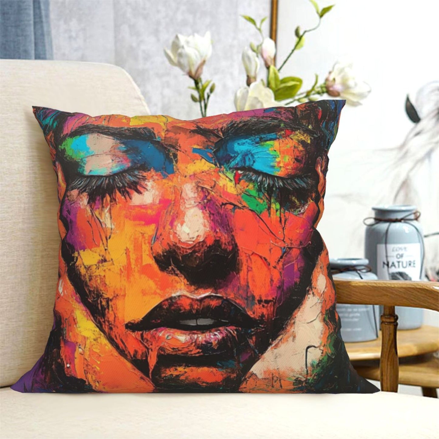 Chromatic Muse – Abstract Female Portrait Art Pillow Cover (18×18 inch)