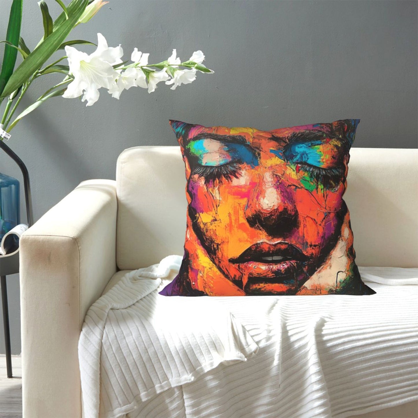 Chromatic Muse – Abstract Female Portrait Art Pillow Cover (18×18 inch)