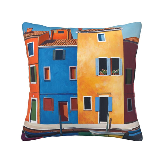 Burano Charm – Italian Colorful Building Art Pillow Cover (18×18 inch)