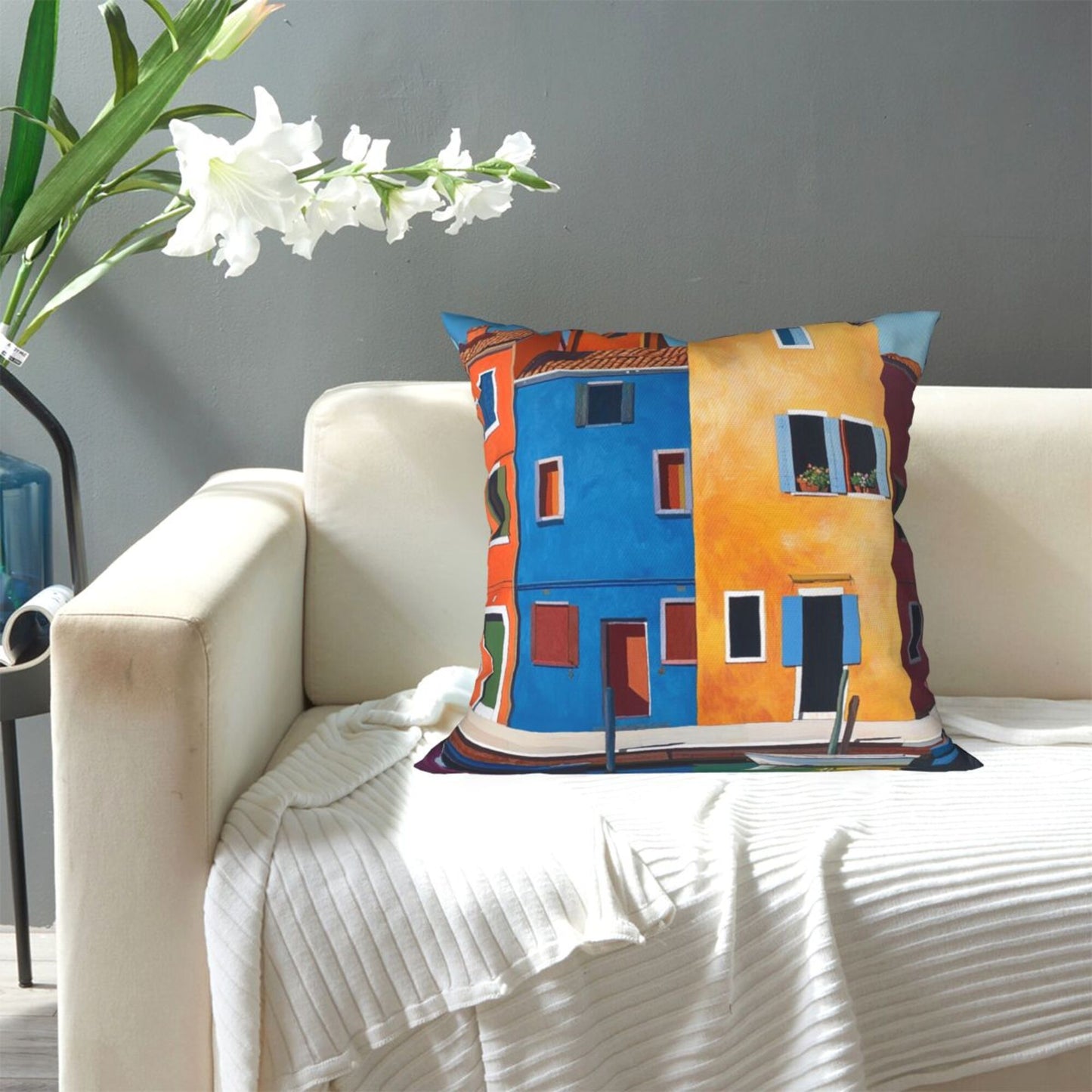 Burano Charm – Italian Colorful Building Art Pillow Cover (18×18 inch)