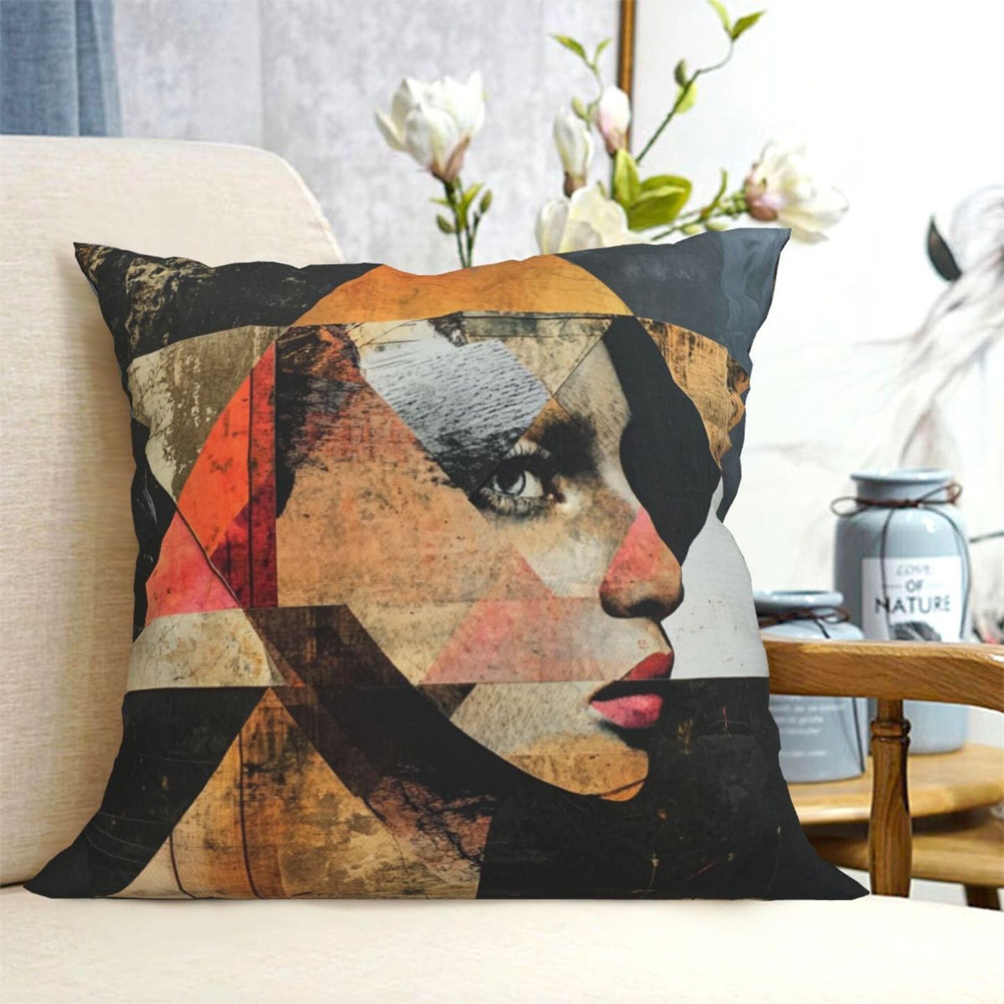 Geometric Collage Portrait Throw Pillow Cover (18×18 Inch)