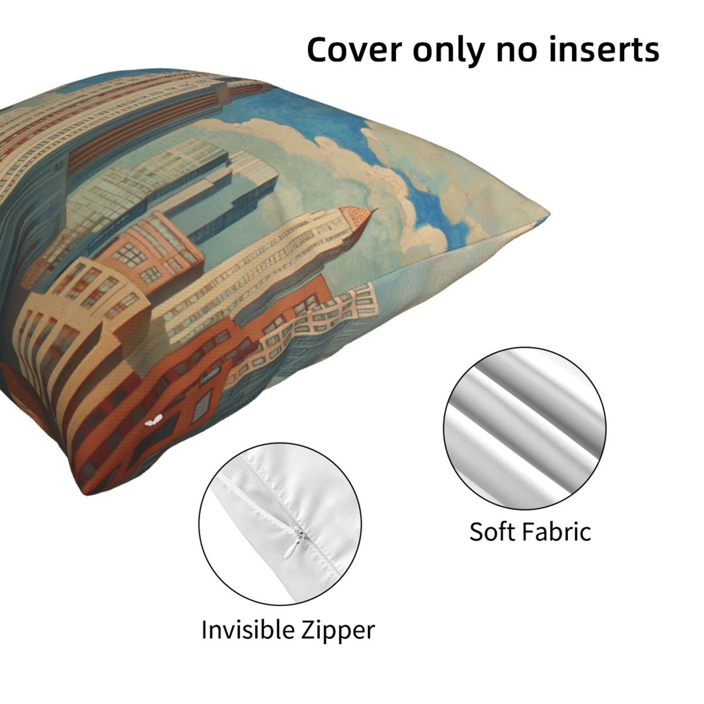 Retro City Skyline Illustration Pillow Cover (18×18 Inch)
