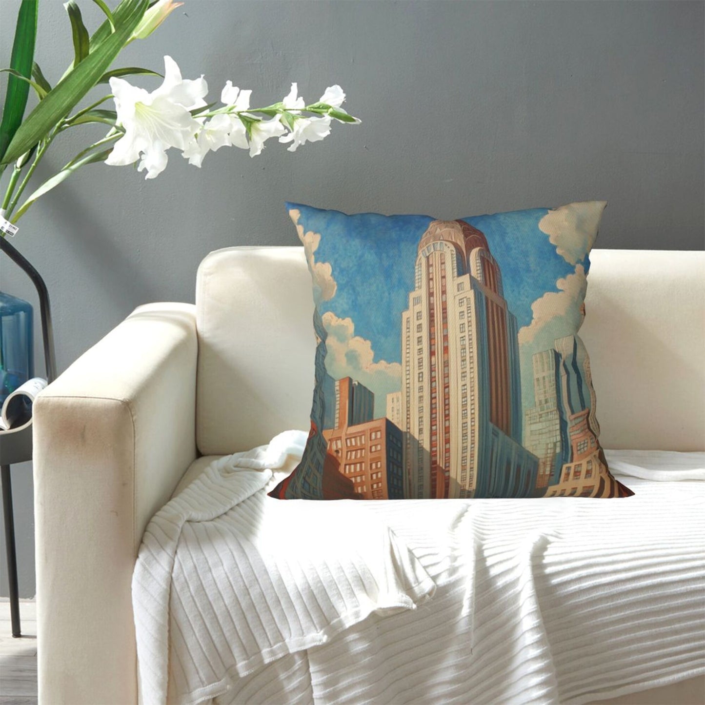 Retro City Skyline Illustration Pillow Cover (18×18 Inch)