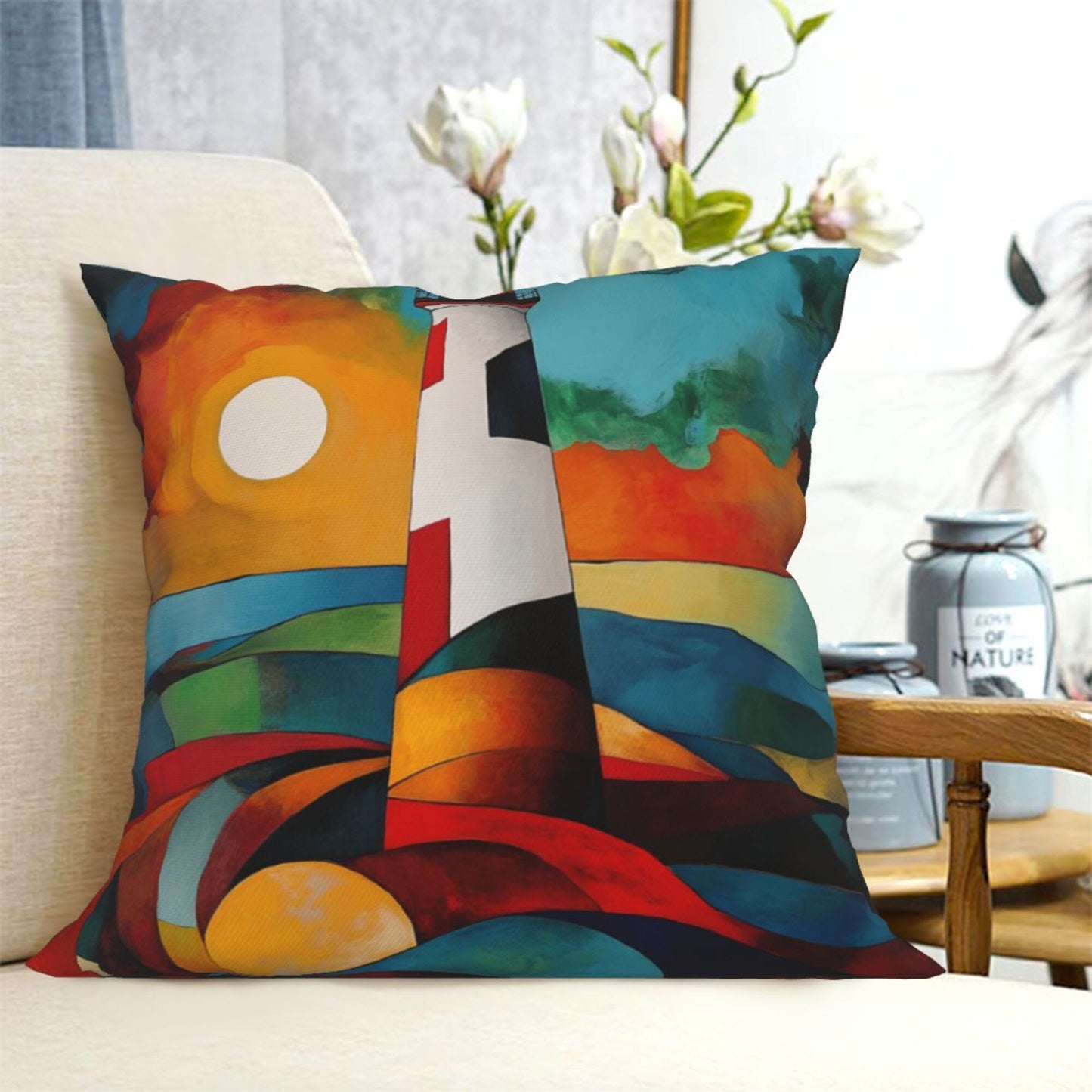 Abstract Lighthouse Sunset Pillow Cover (18×18 Inch)