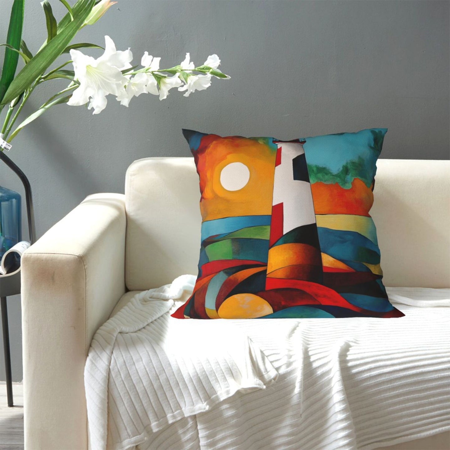 Abstract Lighthouse Sunset Pillow Cover (18×18 Inch)